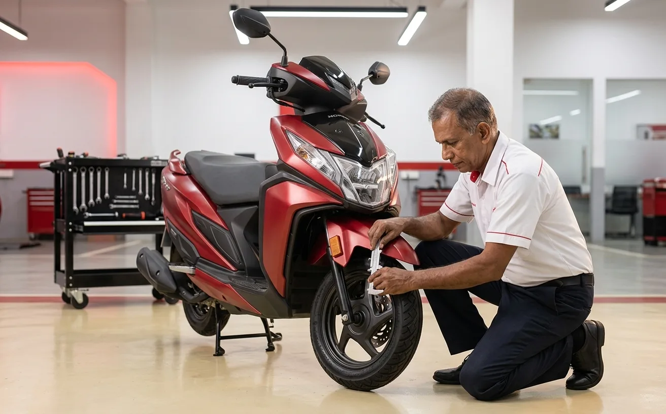 Illustrative technician inspecting a Honda Dio; not Macro premises